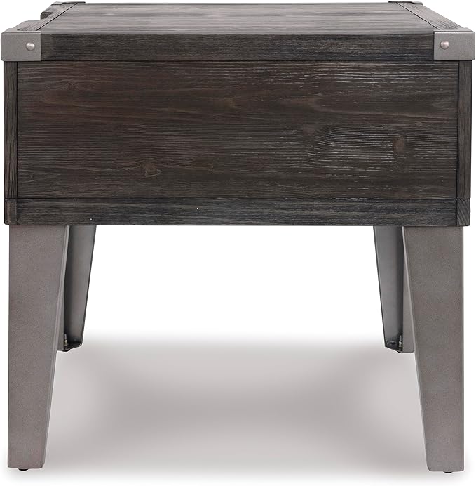 Signature Design by Ashley Todoe Industrial Square End Table with 1 Drawer, 2 Outlets and 2 USB Charging Ports, Dark Gray with Weathered Pine Finish