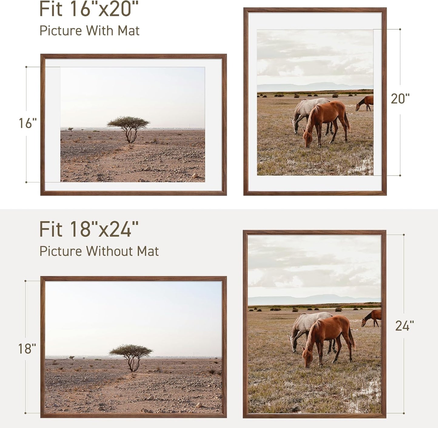 18x24 Poster Frame Set of 4 Natural Solid Walnut Photo Frames with 16x20 Removable Mat Wall Hanging Large Handcrafted Frame with HD Plexiglass Wall and Tabletop Display Large Picture Frame
