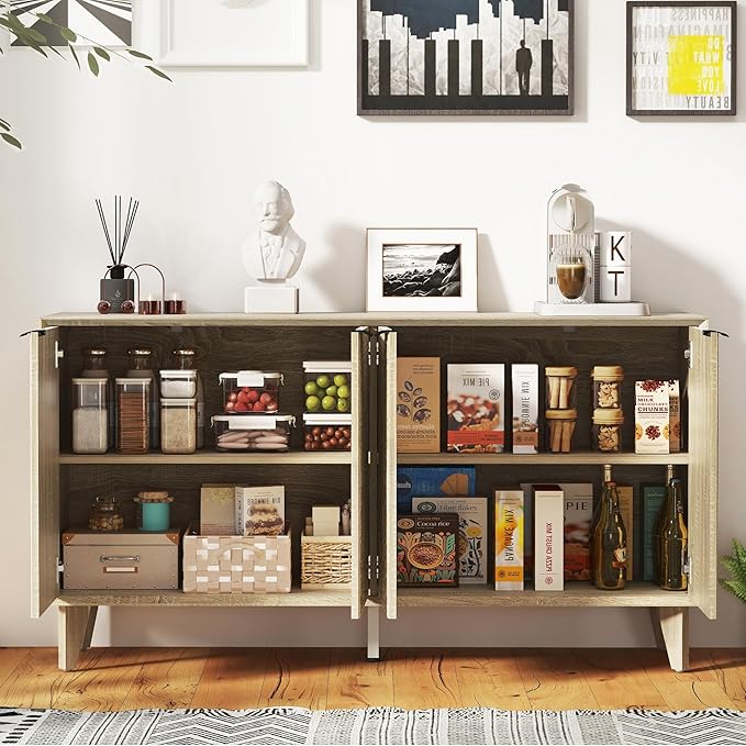 Fluted Cabinet with Storage, Buffet Storage with 4 Doors, Buffet Sideboard Accent Cabinet with Adjustable Shelves for Living Room, Kitchen, Entry, Hallway, Natural