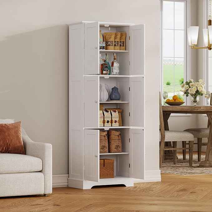 ChooChoo Tall Bathroom Storage Cabinet with 6 Doors, Freestanding Floor Cabinet with Adjustable Shelves, White Pantry Cabinet for Bathroom, Kitchen, Laundry Room