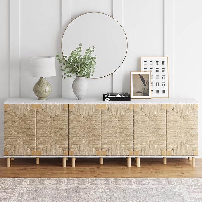 Nathan James Beacon Accent Natural Sideboard Storage Cabinet TV Stand with Adjustable Interior Shelf and Seagrass Doors, for Hallway, Entryway or Dining Room, Light Brown/White, Set of 3