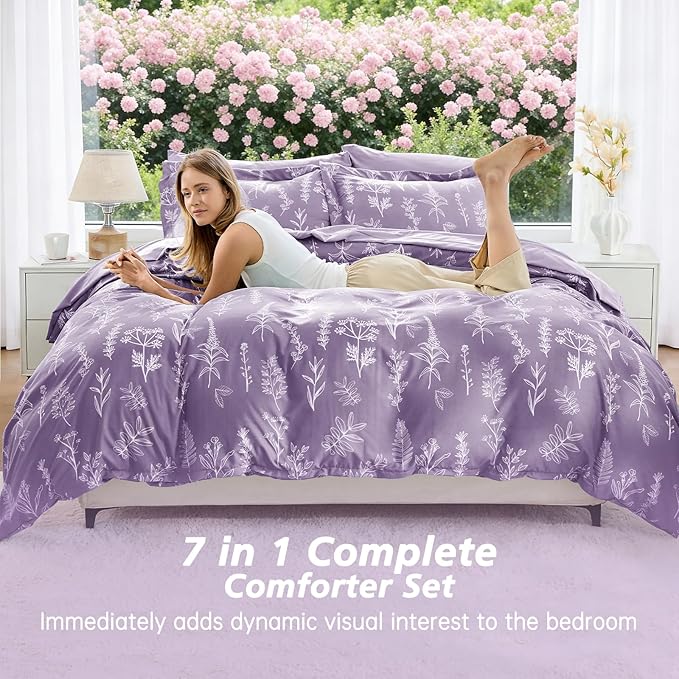 MUXHOMO Grayish Purple Full Comforter Set, Elegant Floral Print Bed in a Bag 7 Pieces, Ultra Soft & Breathable Reversible Botanical Pattern Bedding Set with Comforter, Sheets, Pillowcases, and Shams