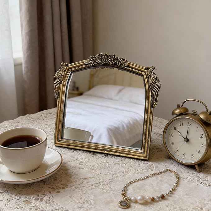 Vintage Vanity Desk Mirror -7x8Inch Wall-Mounted & Tabletop Decorative Ornate Gold Accent Retro Makeup Mirror for Bedroom Dresser Living Room Bathroom Dorm Champagne Gold