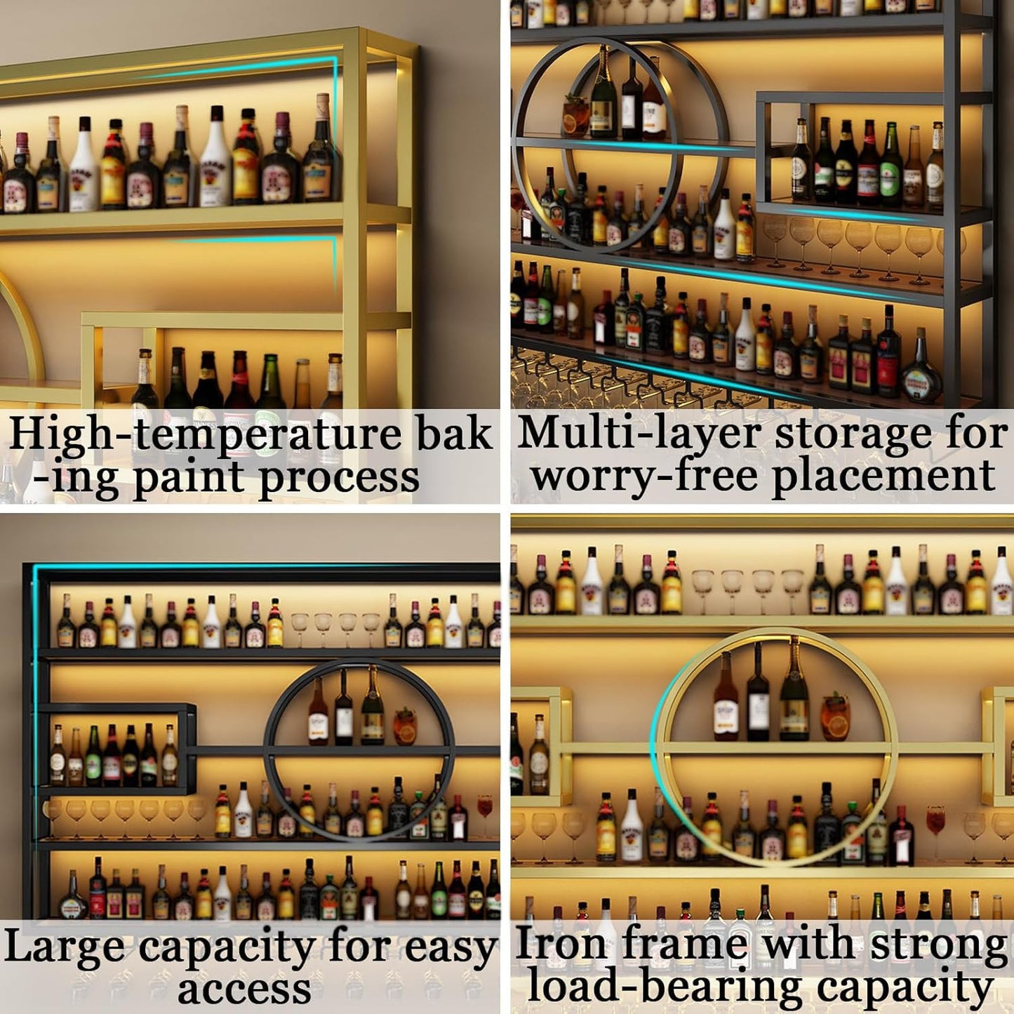 63in Wall Mounted Wine Rack, Modern Metal Wine Bottle and Glass Holder, Iron Display Stand Decorative Wine Rack, for Bar Living Room Dining Room Background (Black, 62.99 * 8 * 51INCH)