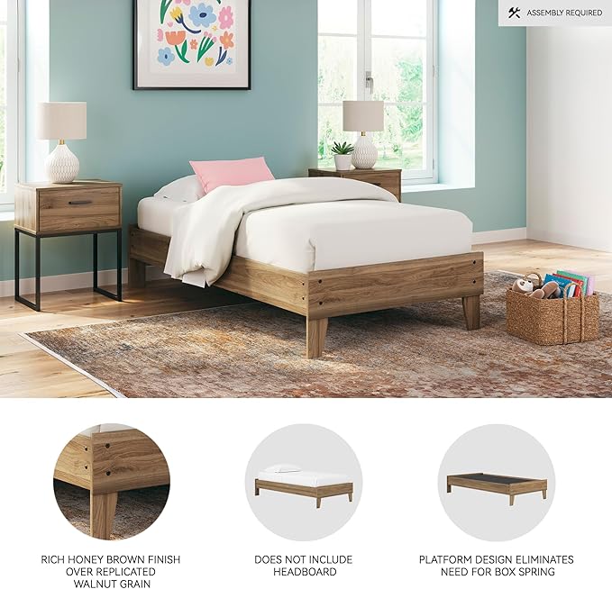 Signature Design by Ashley Deanlow Mid-Century Modern Twin Platform Bed with Metal Slats, Wood, Foundation or Box Spring Not Needed, Honey Brown (Headboard Not Included)