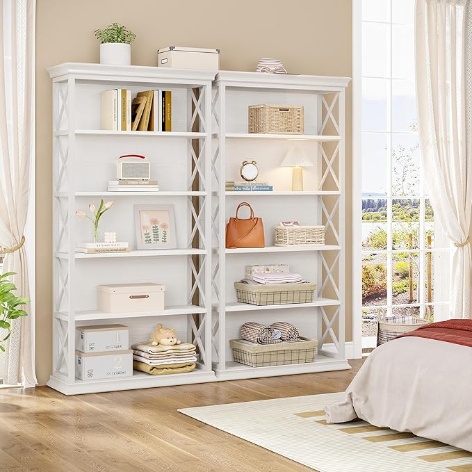 Tribesigns 6-Tier Bookcase Set of 2, 71 Inches Industrial Bookshelves and Bookcases, Floor Standing 5 Shelf Display Storage Shelves Tall Bookcase for Home Office, Living Room, Bed Room, White