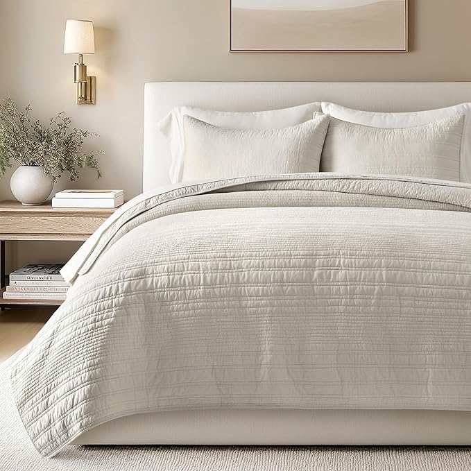EVERGRACEHOME 100% Cotton Modern Lines Quilt Set Queen Size, Pre-Washed Soft Striped Coverlet Bedspread, 3 Piece Lightweight Bedding Set for All Season, with 2 Pillow Shams, Birch