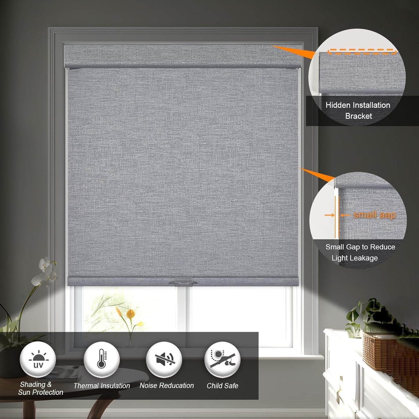 Persilux Blackout Roller Shades for Indoor Windows with Upgraded Cassette, Cordless Shades Window Blinds Pull Down for Doors, Easy to Install for Office/Living Room/Bedroom, Grey(83.5" W x 84" H)
