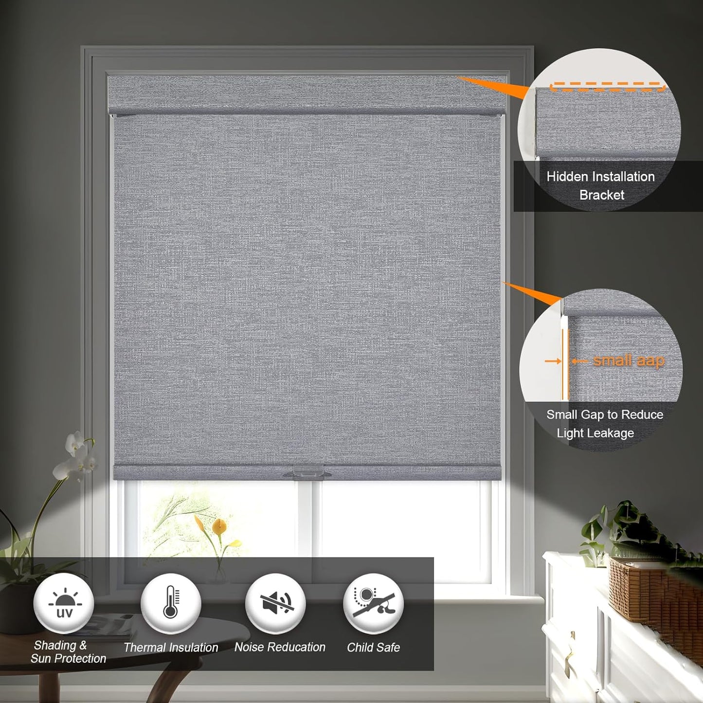 Persilux Blackout Roller Shades for Indoor Windows with Upgraded Cassette, Cordless Shades Window Blinds Pull Down for Doors, Easy to Install for Office/Living Room/Bedroom, Grey(74" W x 64" H)