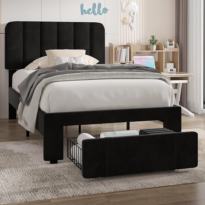 VECELO Twin Size Upholstered Bed Frame with 4 Drawers and Headboard, Velvet Platform Storage Bedframe, Wooden Slats Support, No Box Spring Needed,Black