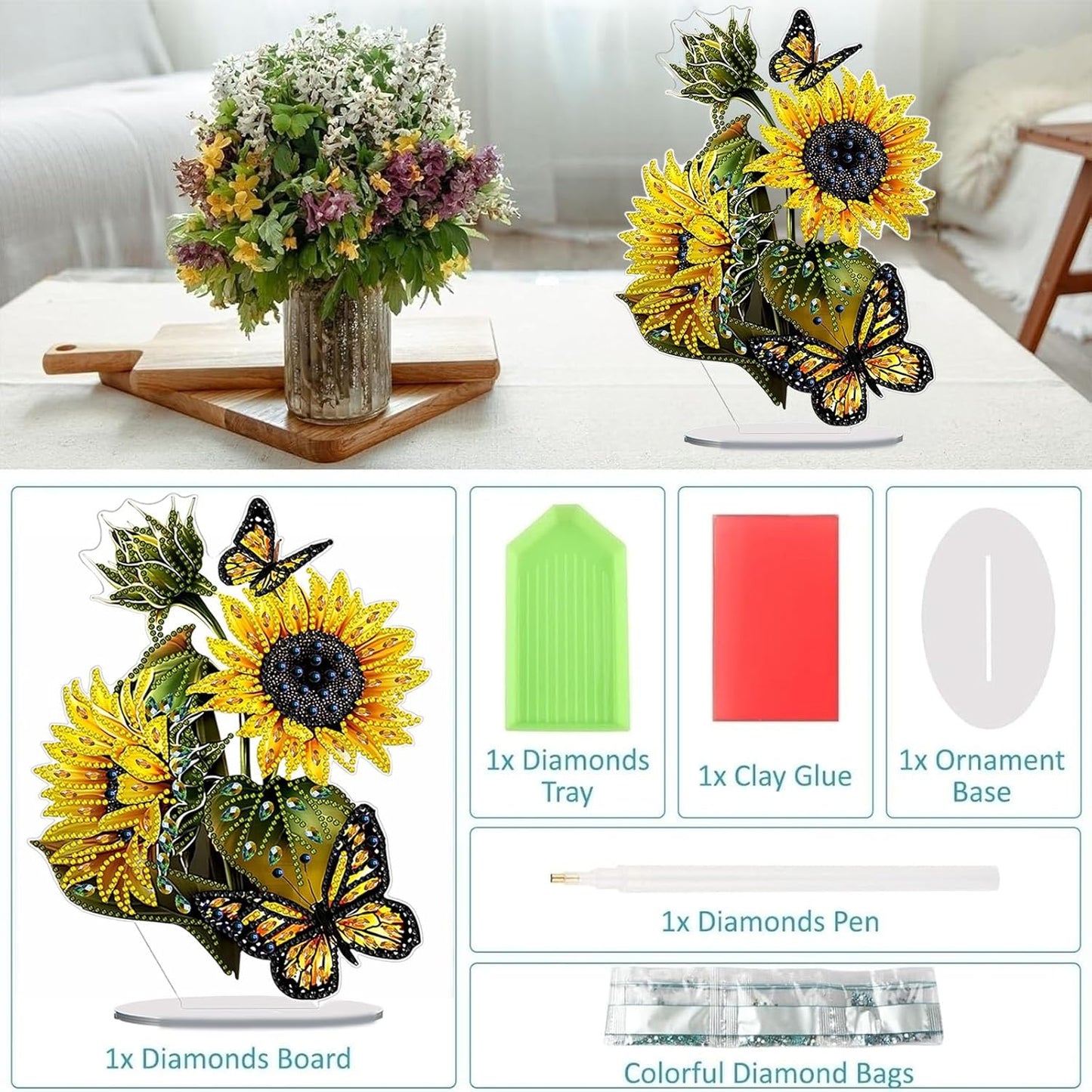 Diamond Painting Kits for Adults Beginners, 5D Full Drill Sunflower Butterfly Crystal Art Desktop Ornament, DIY Single Sided Home Office Desk Decor, Creative Craft Gift Set with Tools