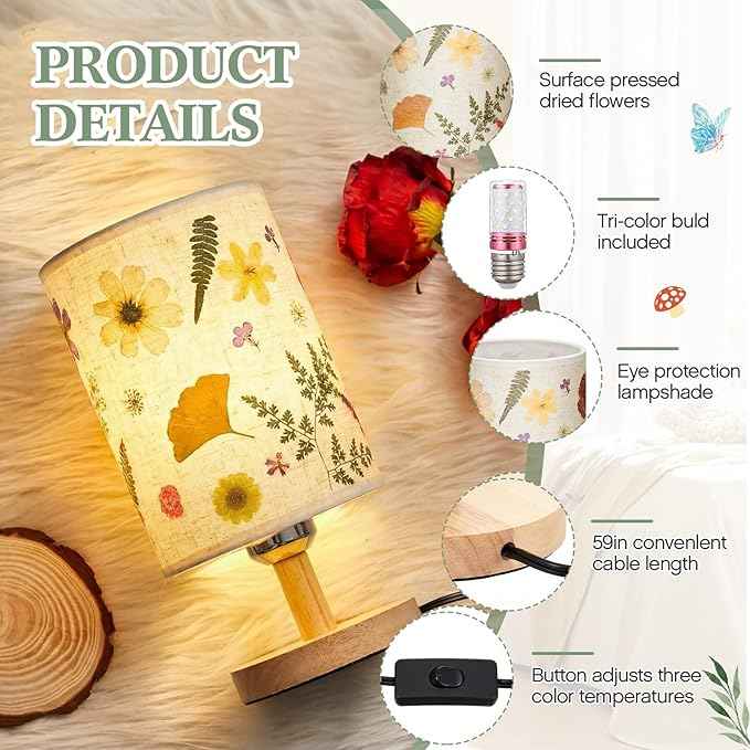 Hortsun Pressed Flower Lamp Vintage Table Small Lamp Cottagecore Decor Boho Night Light Decorative Rustic Night Light for Bedroom, Living Room or Office, Valentine Gift for Women(Modern Style)