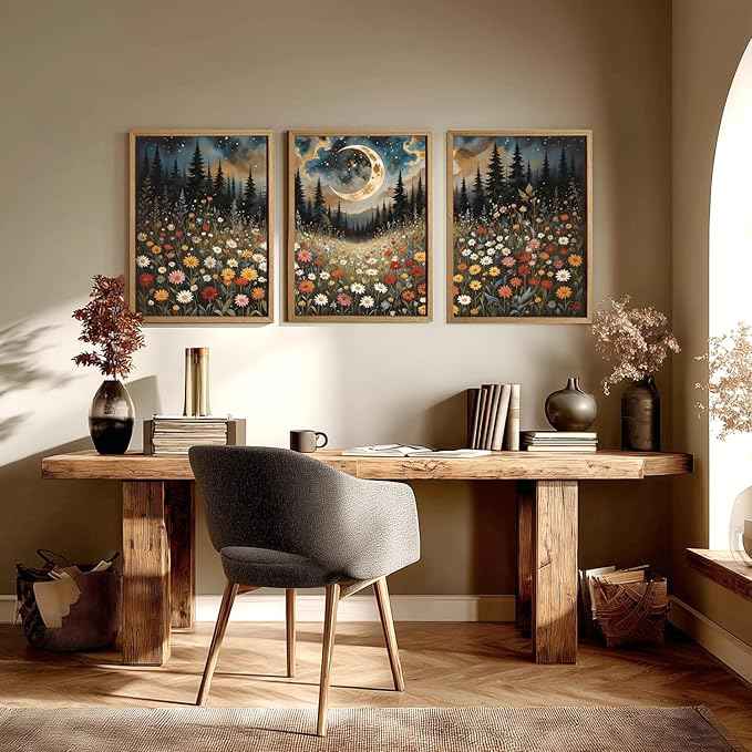 Cyebmo Boho Wildflower Wall Art, Moon Forest Wall Decor, Rustic Mountain Landscape Flower Art Prints, Mystical Starry Night Poster Prints for Living Room Bedroom Office Wood Framed 12''x16''x3