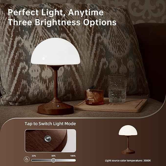Mushroom Lamp Cordless Lamp Table Lamp,Outdoor Waterproof Shower Lamps,5000mAh Rechargeble Battery Operated Dimmable Touch Desk Lamps,LED Night Light for Bathroom Patio Camping Outdoor/Walnut