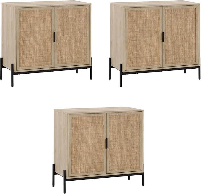 Nathan James Andrew Bohemian TV Stand or Kitchen Sideboard Credenza, Rattan Accent Cabinet with Metal Legs, Light Oak/Matte Black, Set of 3