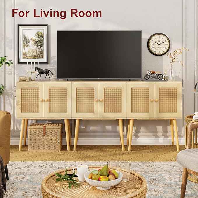 Sideboard Buffet Kitchen Storage Cabinet , Small Coffee Bar Cabinet with Rattan Doors and Tall Solid Wood Legs, Boho Accent Media Console Credenza Cabinet for Entryway,Living Room,Kitchen, Small Space