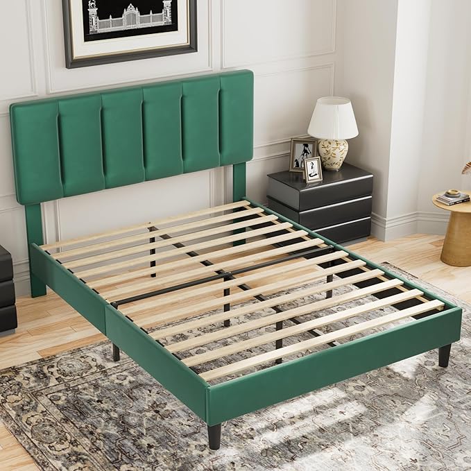 VECELO Full Bed Frame with Upholstered Headboard, Heavy-Duty Platform Bedframe with Strong Wooden Slats Support, No Boxing Spring Needed, Dark Green