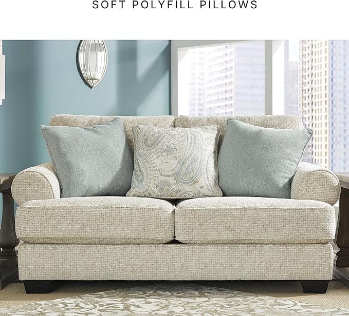 Signature Design by Ashley Monaghan Vintage Loveseat with Accent Pillows, Reversible Cushions and Rolled Arms, Beige