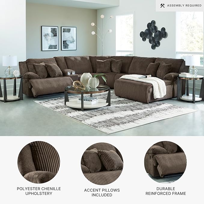 Signature Design by Ashley Top Tier Modern Left-Arm Facing 6-Piece Reclining Sectional with Chaise, Armrest, Throw Pillows and Storage, Dark Brown