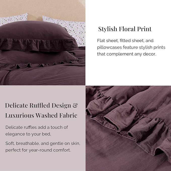 California King Comforter Set - 7 Pieces Ruffle Dark Purple Bedding Sets, Shabby Chic Farmhouse Bed in a Bag with Ruffle Comforter, Floral Sheets, Pillowcases & Shams