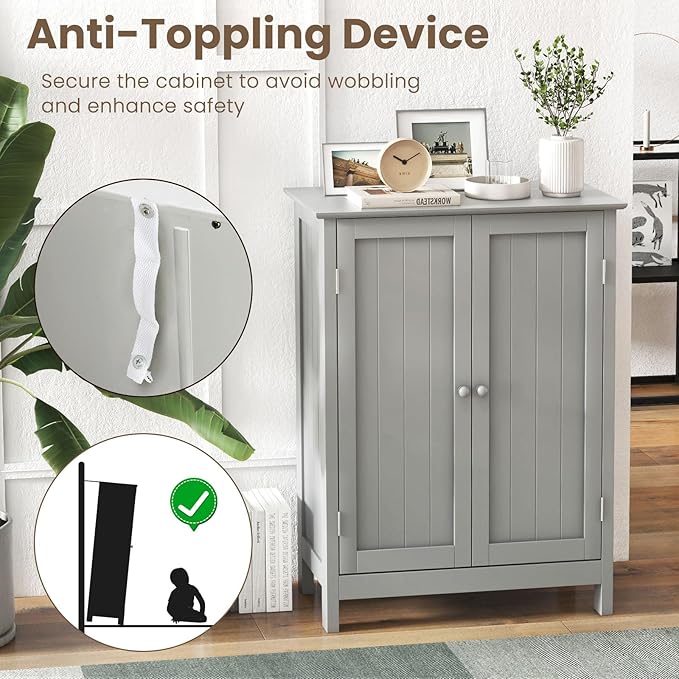 COSTWAY Bathroom Storage Cabinet, Freestanding Bathroom Organizers and Storage with Doors & Adjustable Shelf, Wooden Floor Cabinet for Home, Living Room, Entryway, Kitchen (Grey)