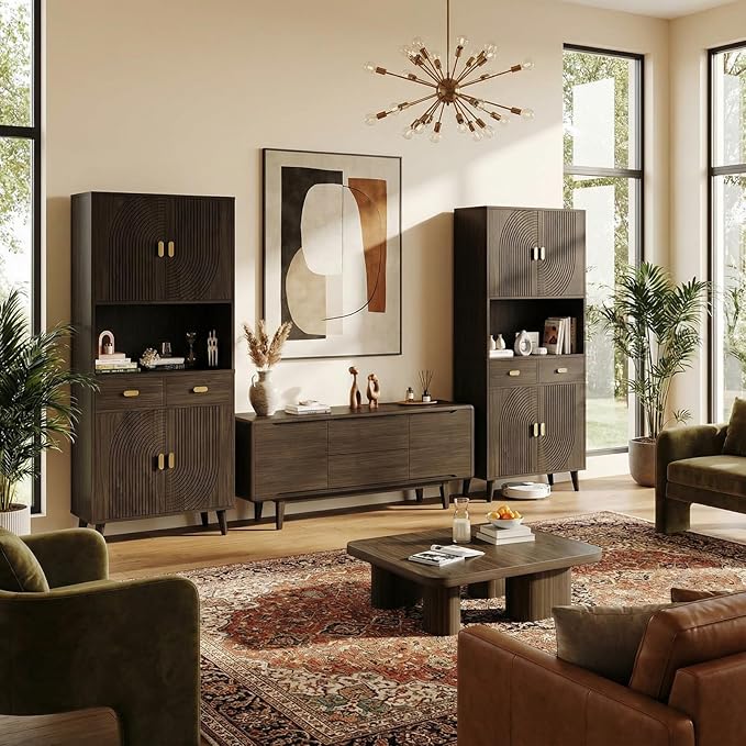 LIKIMIO 71.6" Tall Walnut Mid-Century Hutch Cabinet with Storage- 3 Adjustable Shelves, 2 Drawers, Multi-Room Pantry
