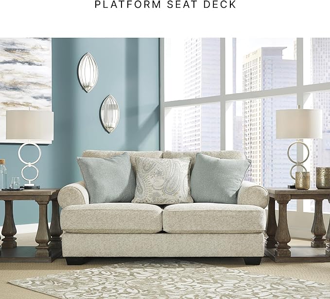Signature Design by Ashley Monaghan Vintage Loveseat with Accent Pillows, Reversible Cushions and Rolled Arms, Beige