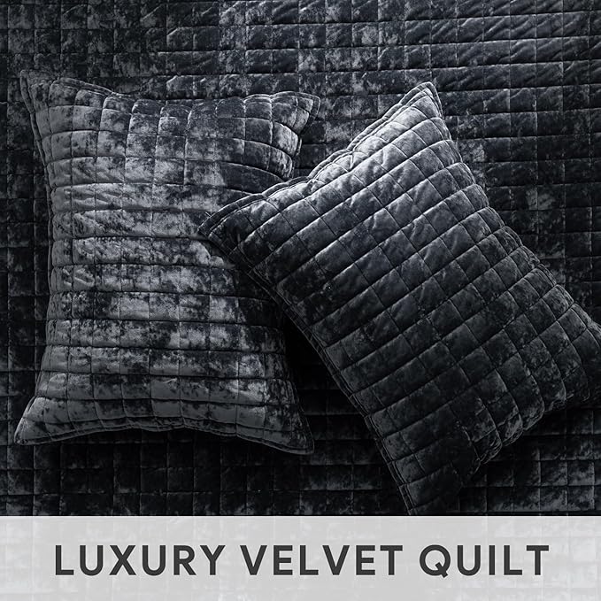 RECYCO Luxury Velvet Quilt Set Full Queen Size Bedding Sets, Ultra Soft Velvet Comforter Set, Lightweight Channel Box Stitch Oversized Bedspread Coverlet for All Season, with 2 Shams, Black