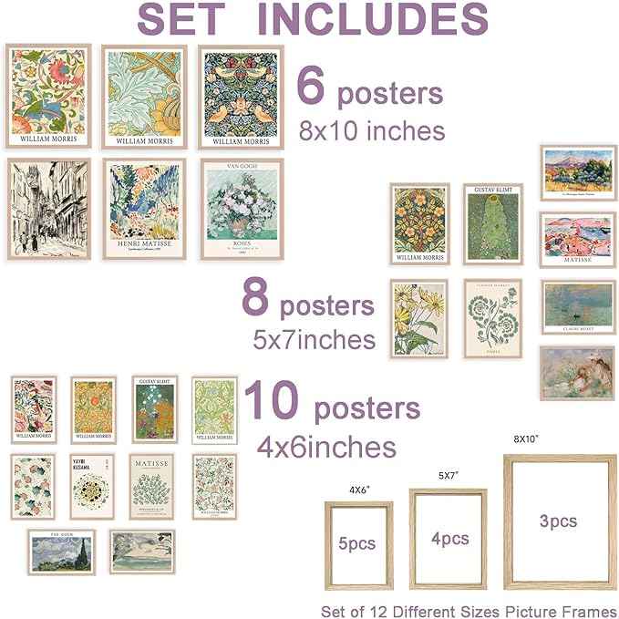 liflikwall 24 PCS Posters for Room Aesthetic，Matisse Wall Art Exhibition Posters，Vintage Eclectic Wall Art Decor, Boho Colorful Botanical Floral Dorm Gallery Home Decor(with Beige Frame)