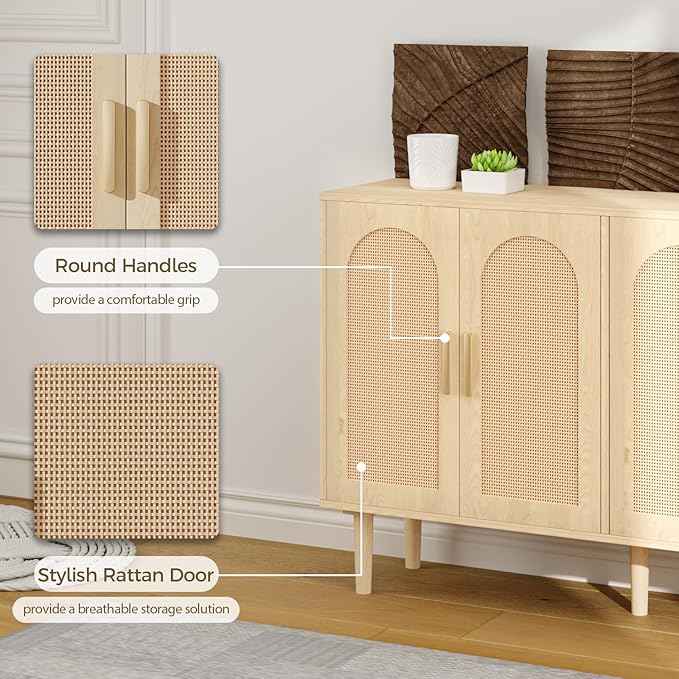 Modern Rattan-Door Sideboard Cabinet – 4-Door Credenza Buffet with Ample Storage, Large Accent Cabinet for Entryway, Living Room, Dining Room & Kitchen, Natural