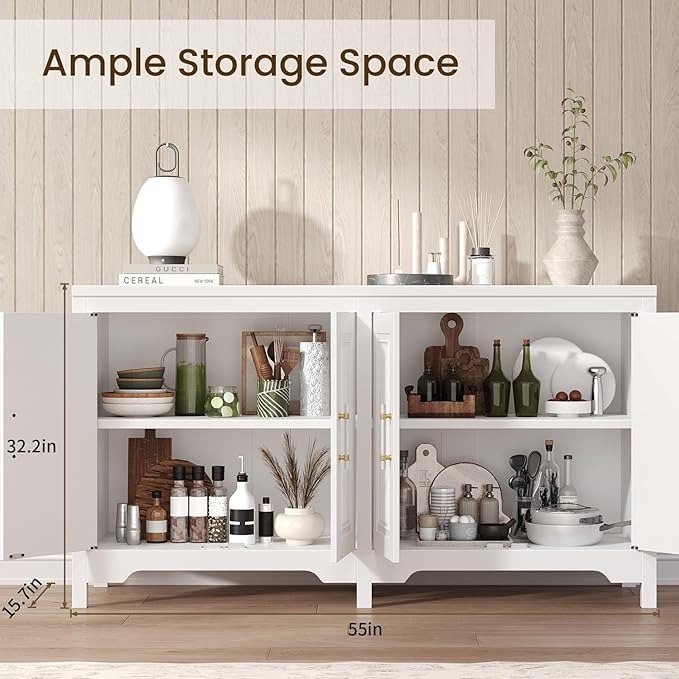 55'' Buffet Cabinet with Storage, Modern Fluted Door Design Sideboard Buffet Cabinet with Storage and Adjustable Shelf, Coffee Bar Station for Kitchen, Dining Room, Pure White