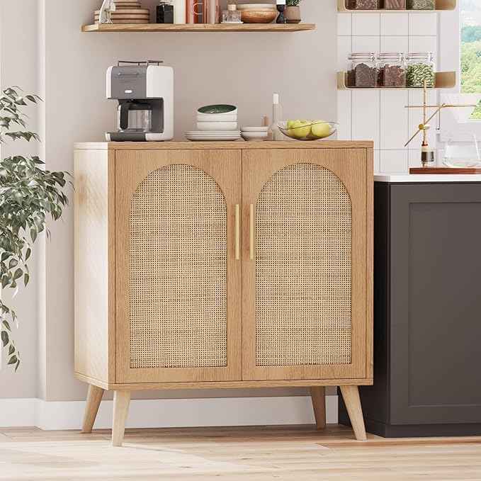 Rovaurx Rattan Storage Cabinet with Doors, Modern Accent Bathroom Floor Cabinet, Sideboard Buffet for Living Room, Entryway, Dining Room and Kitchen, Natural BMGZ108M