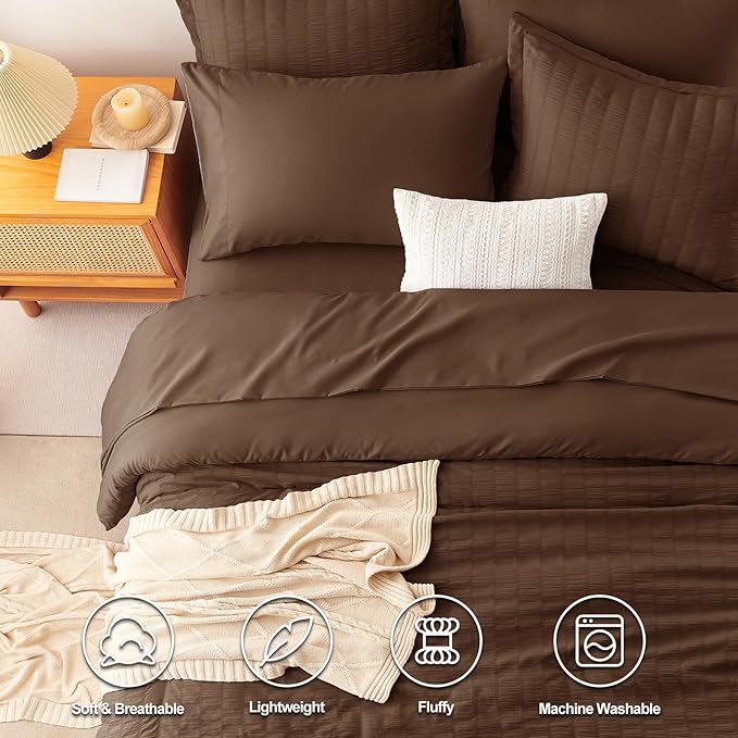 CozyLux Oversized King Comforter Set Brown Seersucker 7 Pieces 120x98 Bed in a Bag Comforter Set with Sheets, Luxury Soft Bedding Sets with Down Alternative Comforter, Sheets, Pillowcases & Shams