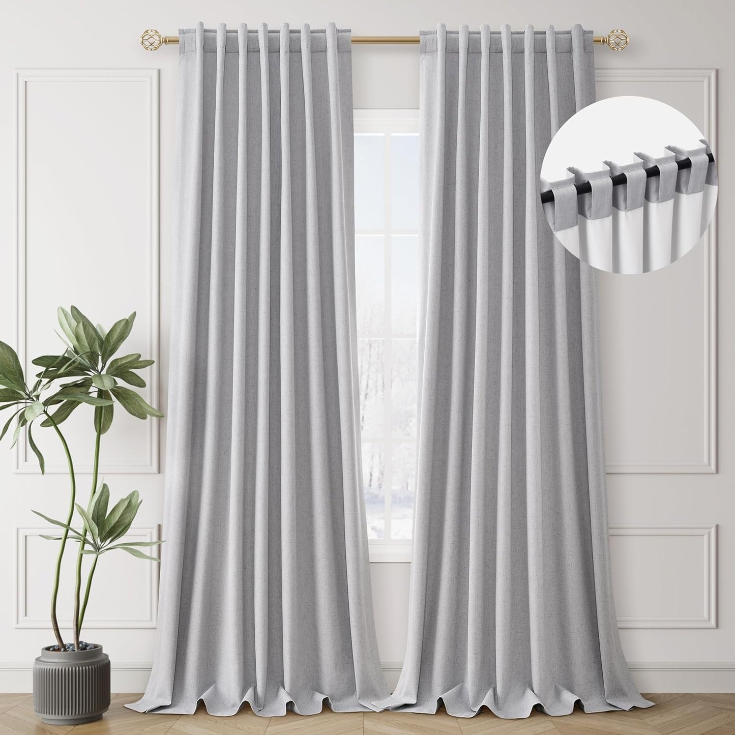 Gray Thermal Insulated Linen Curtains 90 Inches Long 2 Panels Back Tab Light Grey 100% Black Out Room Darkening Window Drapes Modern Thick Blackout Curtains for Bedroom Living Room Noise Reducing