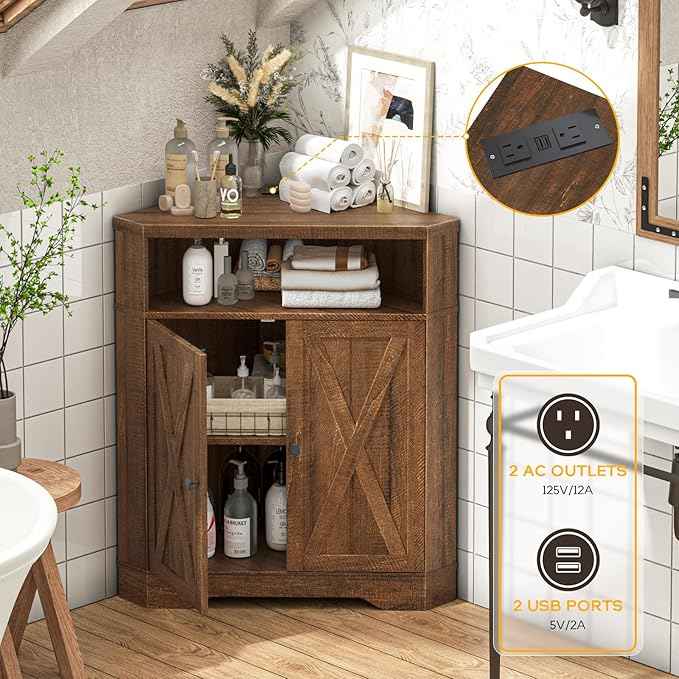 Vabches Corner Storage Cabinet, Small Corner Cabinet with USB Ports and Outlets Organizer, Barn Door Design and Adjustable Shelf, Living Room, Kitchen, Bathroom.Red-Brown