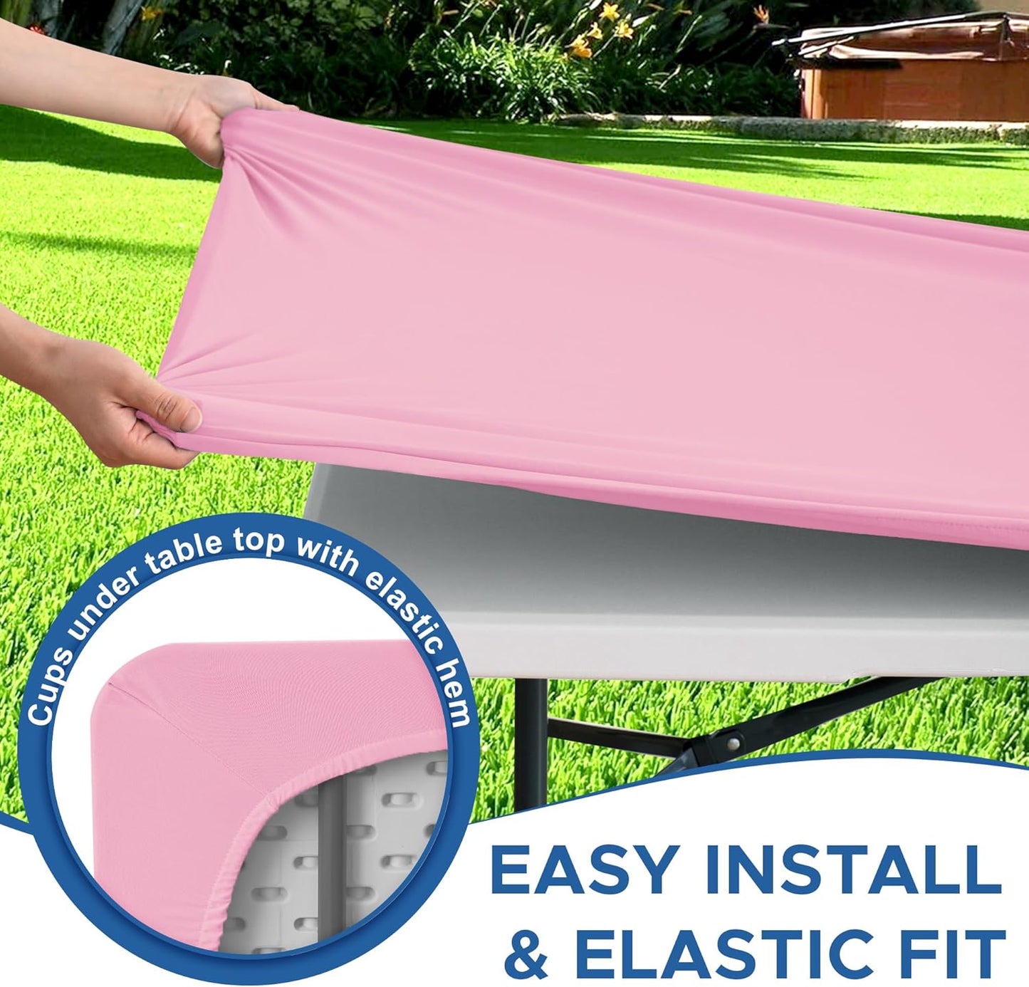 Fitted Tablecloth for 8 Foot Rectangle Tables-4 Pack Pink Elastic Outdoor Picnic Table Cover-Spandex Stretch Folding Table Cloths 8ft for Camping Dining Room Patio Kitchen Banquet Party