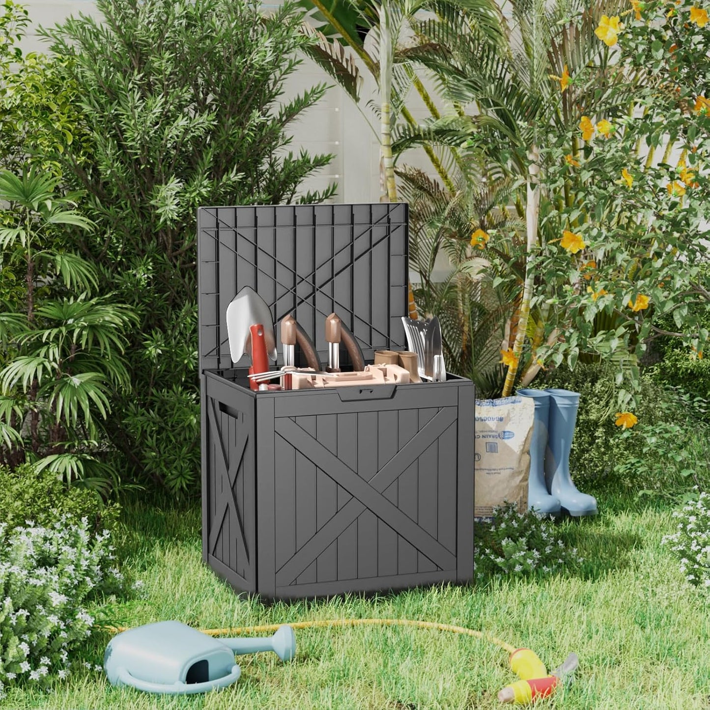 38 Gallon Outdoor Deck Box,Storage Lockable Waterproof Patio Furniture,Garden Tools,Cushions,Pool Accessories Outside Storage Resin Box(BlackX)