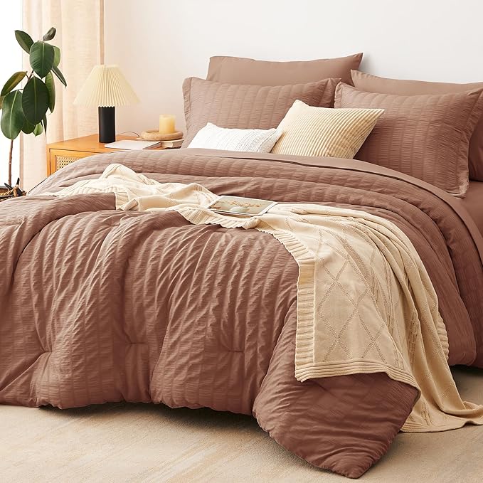 CozyLux Full Size Comforter Sets with Sheets Seersucker 7 Pieces Mocha Mousse Bed in a Bag Textured Luxury Soft Bedding Set with Down Alternative Comforter, Sheets, Pillowcases & Shams for All Seasons