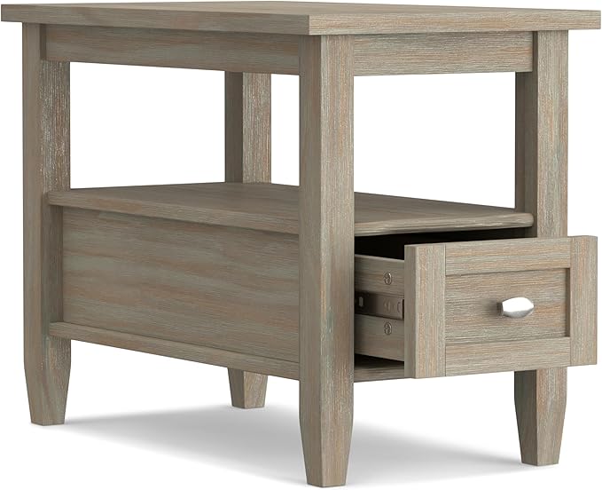SIMPLIHOME Warm Shaker End Table - 14 inch Wide Solid Wood Narrow Side Table in Distressed Grey, Transitional Accent Table for Living Room or Bedroom with Drawer, Open Shelf and Square Tapered Legs