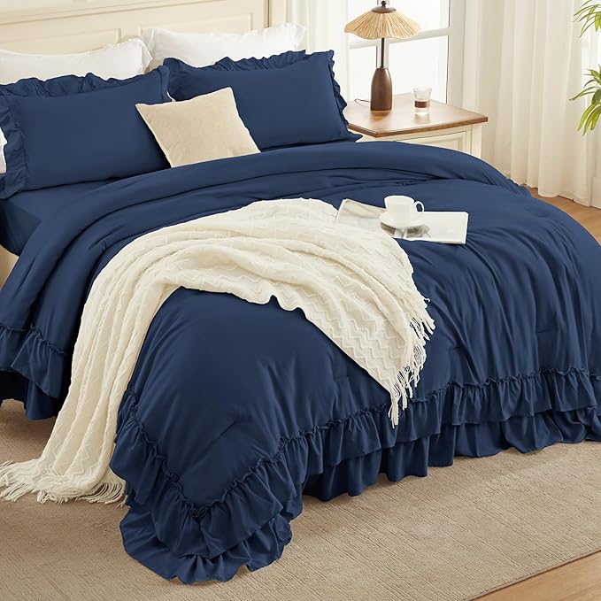 Andency Navy Blue California King Comforter Set (104x96Inch), 3 Pieces Farmhouse Shabby Chic Ruffle Bedding Comforter Sets, Lightweight Fluffy Soft Microfiber All Season Bed Set