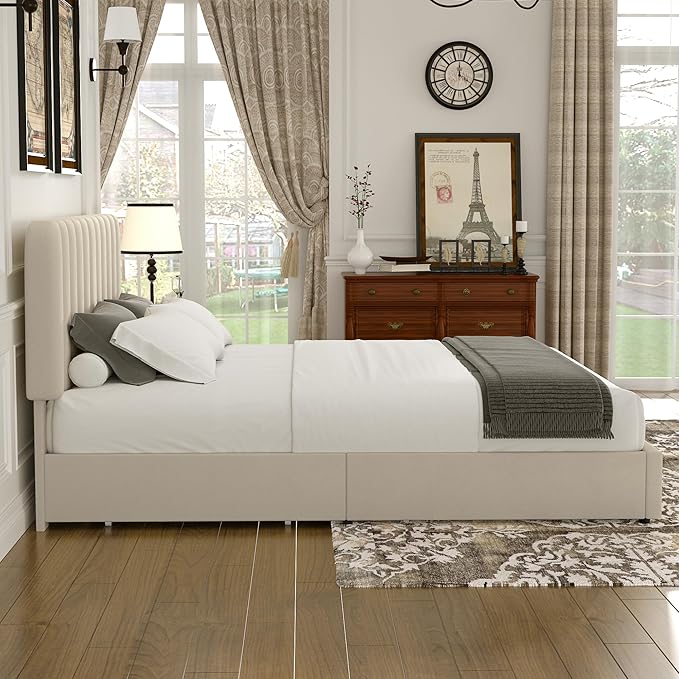 VECELO Full Size Upholstered Bed Frame with 4 Drawers and Headboard, Velvet Platform Storage Bedframe, Wooden Slats Support, No Box Spring Needed,Beige