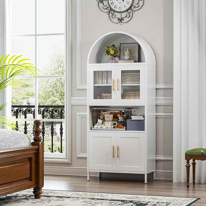 Metal Arched Pantry Cabinet with Glass Doors, Tall Arched Kitchen Pantry Cabinet for Kitchen Home Living Room,White,Required Assembly