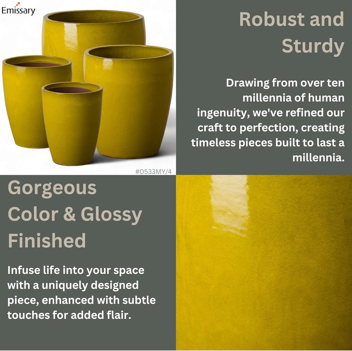 Emissary Bullet 18 in. Mustard Yellow Ceramic Round Planter (18 in. L x 18 in. W x 21 in. H) with Drainage Hole