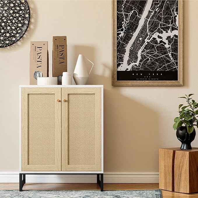 Panana Rattan Decorated 2 Doors Storage Cabinet Accent Cabinet Living Room Cupboard Kitchen Sideboard Buffet Table (White)