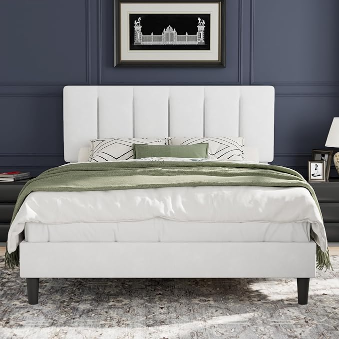 VECELO Full Bed Frame with Upholstered Headboard, Heavy-Duty Platform Bedframe with Strong Wooden Slats Support, No Boxing Spring Needed, Pure White