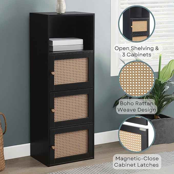 Convenience Concepts Xtra Storage Boho Weave 3 Door Cabinet 16.5" - Modern Rattan Organizer with Shelf for Living Room, Bathroom, Office, Home Library, Closet, Black/Beige Barley