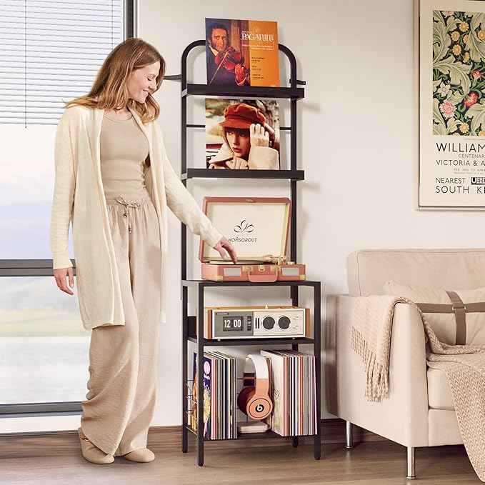 Record Player Stand with Vinyl Storage - 5-Tier Turntable Table with Adjustable Feet, Metal & Wood Cabinet - Console Organizer Display Shelf for Living Room, Apartment
