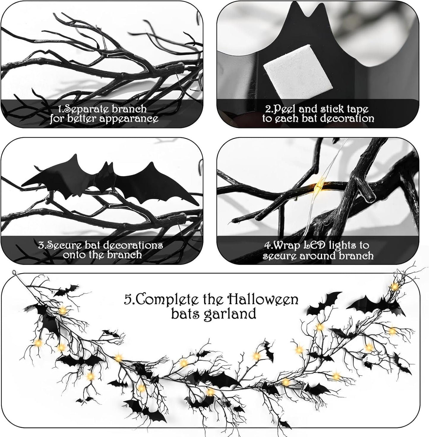 Gothic Halloween Banner: 1pc Haunted Bat Dark Dead Branch Halloween Party Banner with LED Lights, Decorative Bat Vine Twig Garland Decorations for Home Wall Mantel Doorways Front Decor