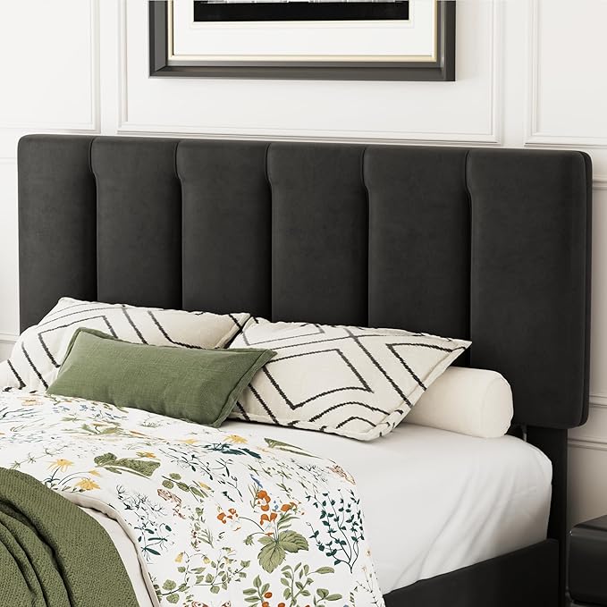 VECELO Queen Bed Frame with Upholstered Headboard, Heavy-Duty Platform Bedframe with Strong Wooden Slats Support, No Boxing Spring Needed, Velvet & Black