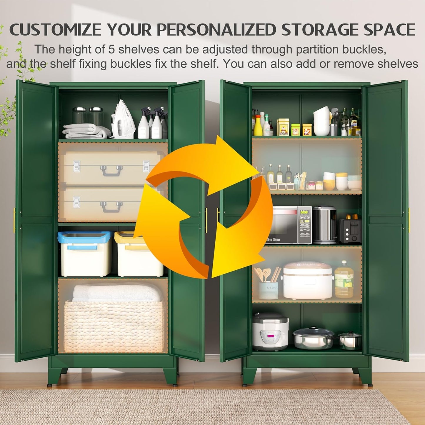 75.2" Tall Kitchen Food Pantry, Pantry Cabinet with 2 Door and 5 Adjustable Shelves, Green Laundry Room Cabinets, Freestanding Pantry for Kitchen, Study Room, Dining Room and Entryway - Décor Diaries